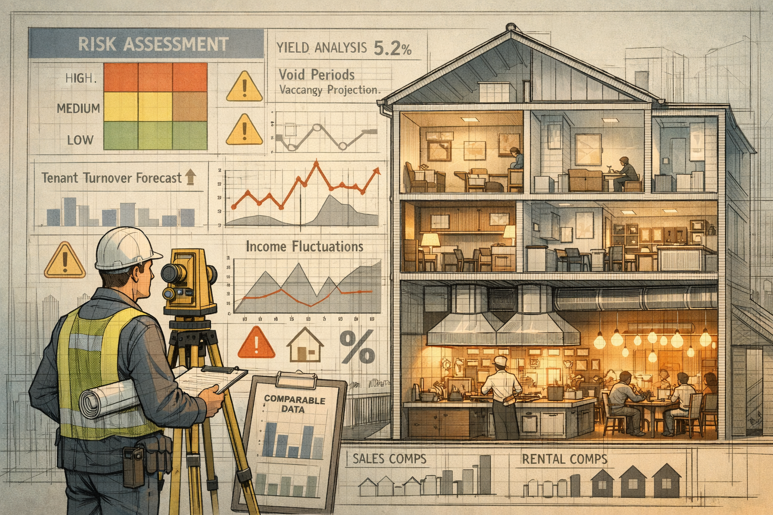 () conceptual illustration of surveyor analyzing mixed-use property valuation challenges. Foreground shows professional