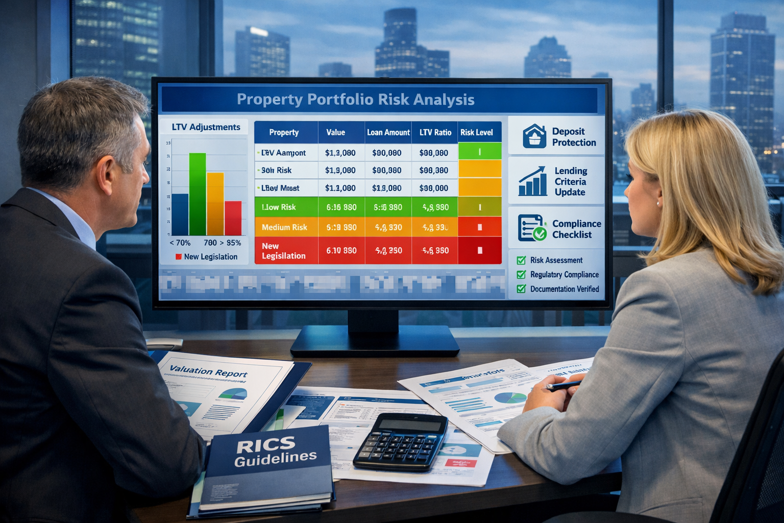 () modern office scene showing mortgage lender and property valuation expert reviewing loan-to-value calculations on large