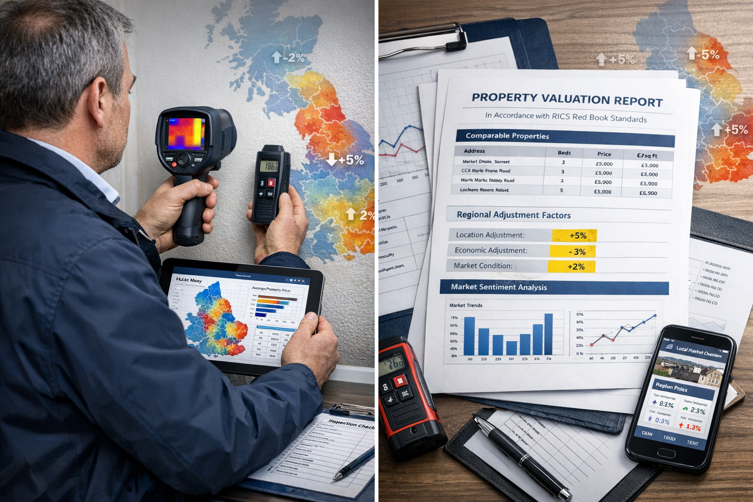 () professional scene showing chartered surveyor conducting detailed property assessment in split-screen composition. Left