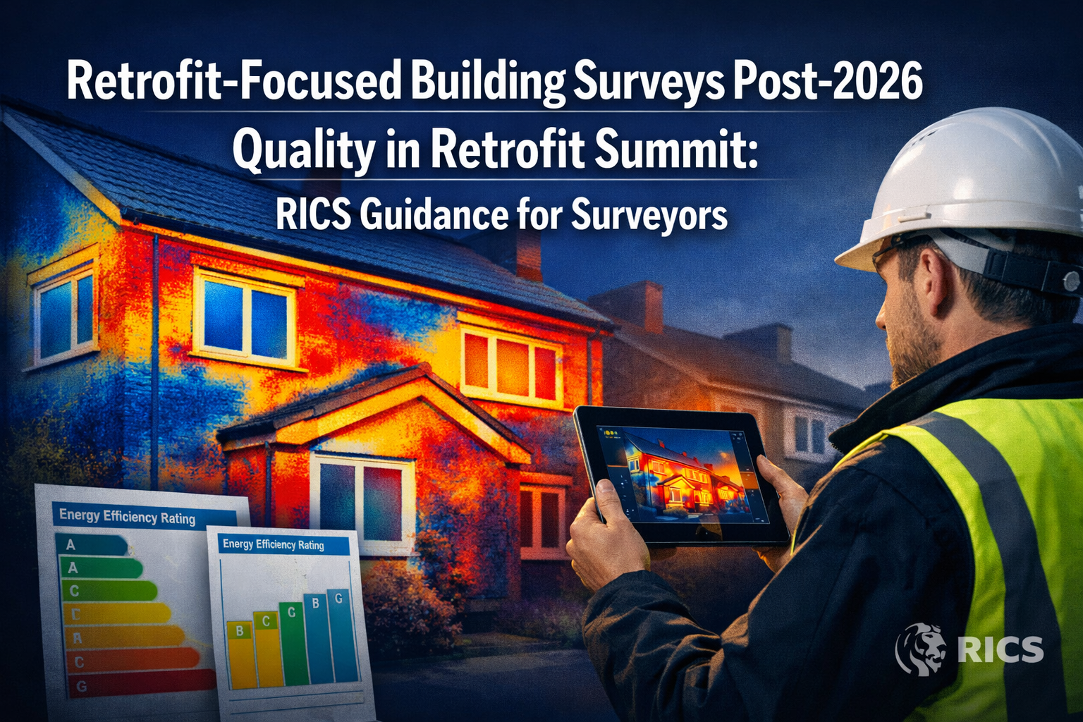 Professional () hero image with 'Retrofit-Focused Building Surveys Post-2026 Quality in Retrofit Summit: RICS Guidance for