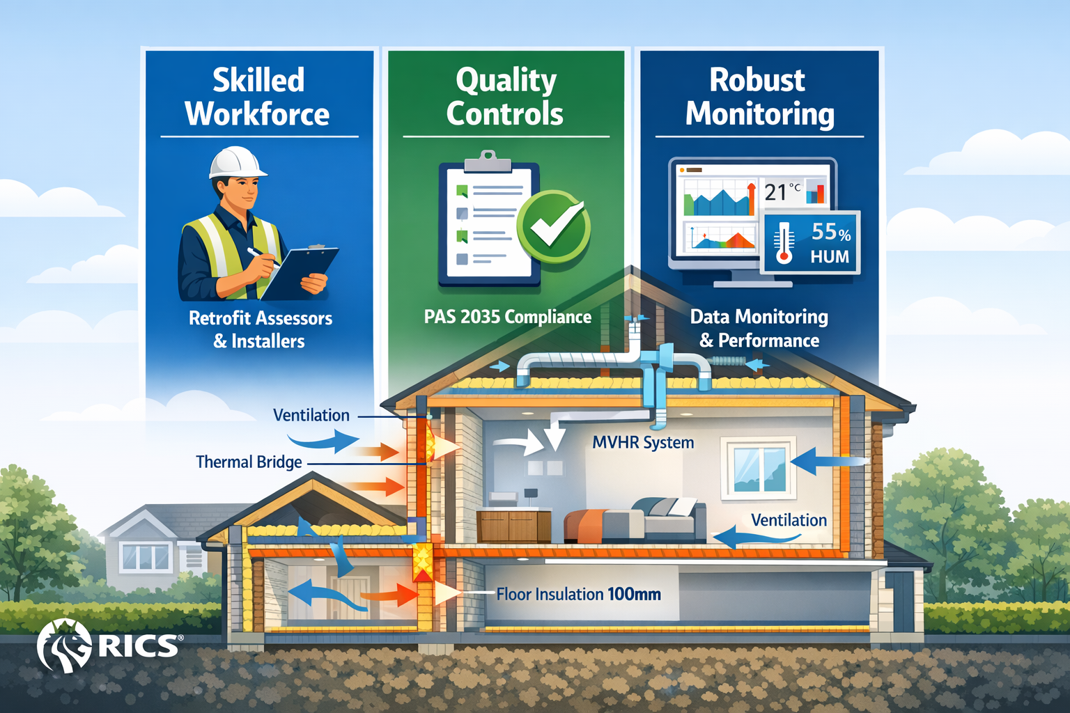 () detailed infographic showing three vertical pillars labeled 'Skilled Workforce', 'Quality Controls', and 'Robust