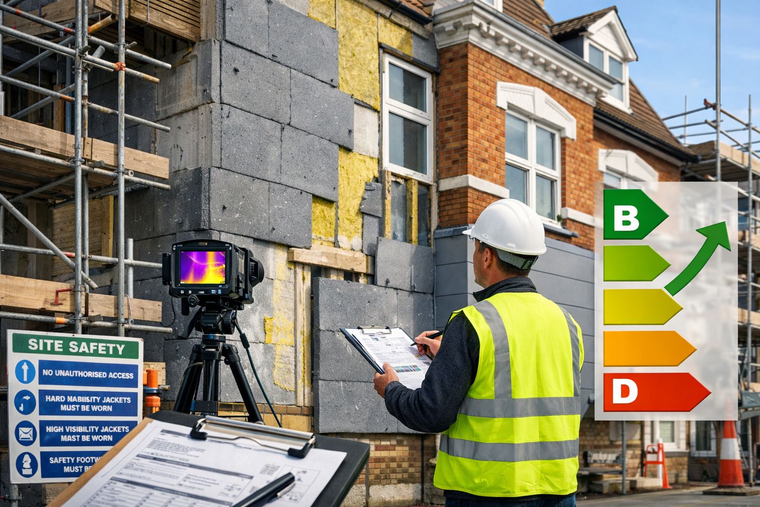 () professional photograph of modern office building undergoing retrofit work, showing exposed external wall insulation