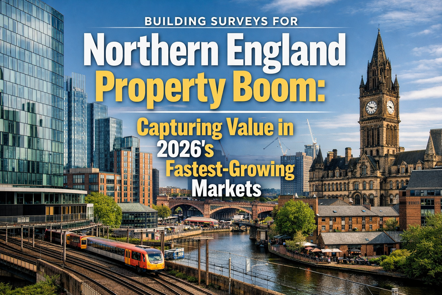 Professional landscape hero image (1536x1024) with bold text overlay: "Building Surveys for Northern England Property Boom: Capturing Value 