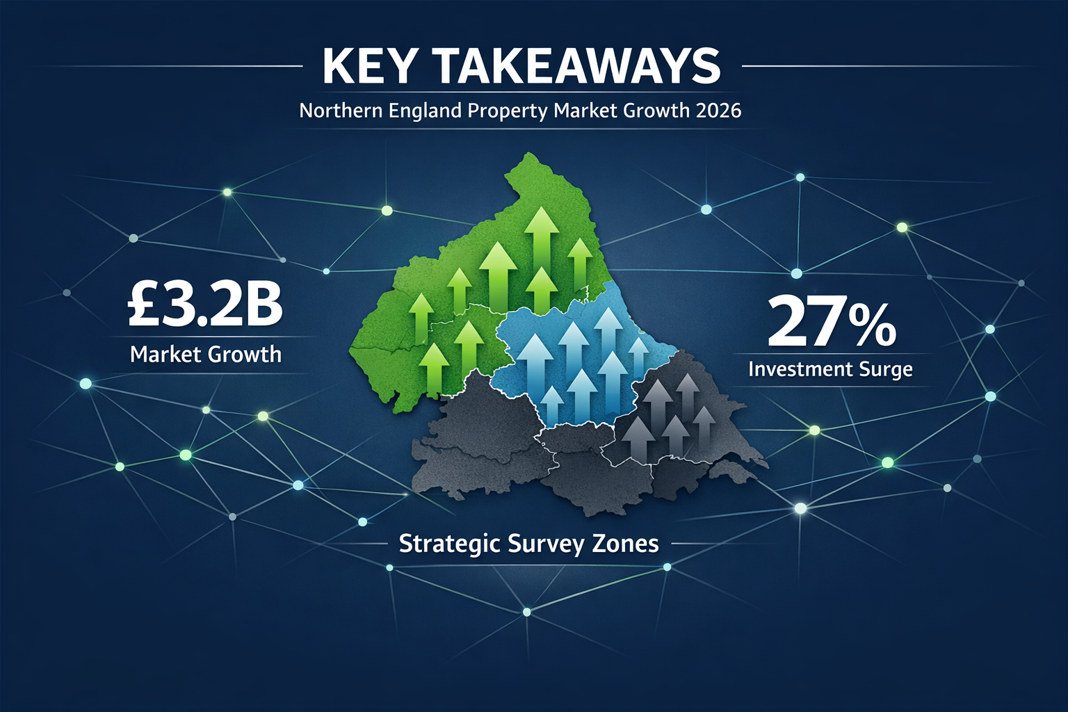 Key Takeaways section infographic: Landscape format (1536x1024) featuring a dynamic data visualization showing Northern England property mar