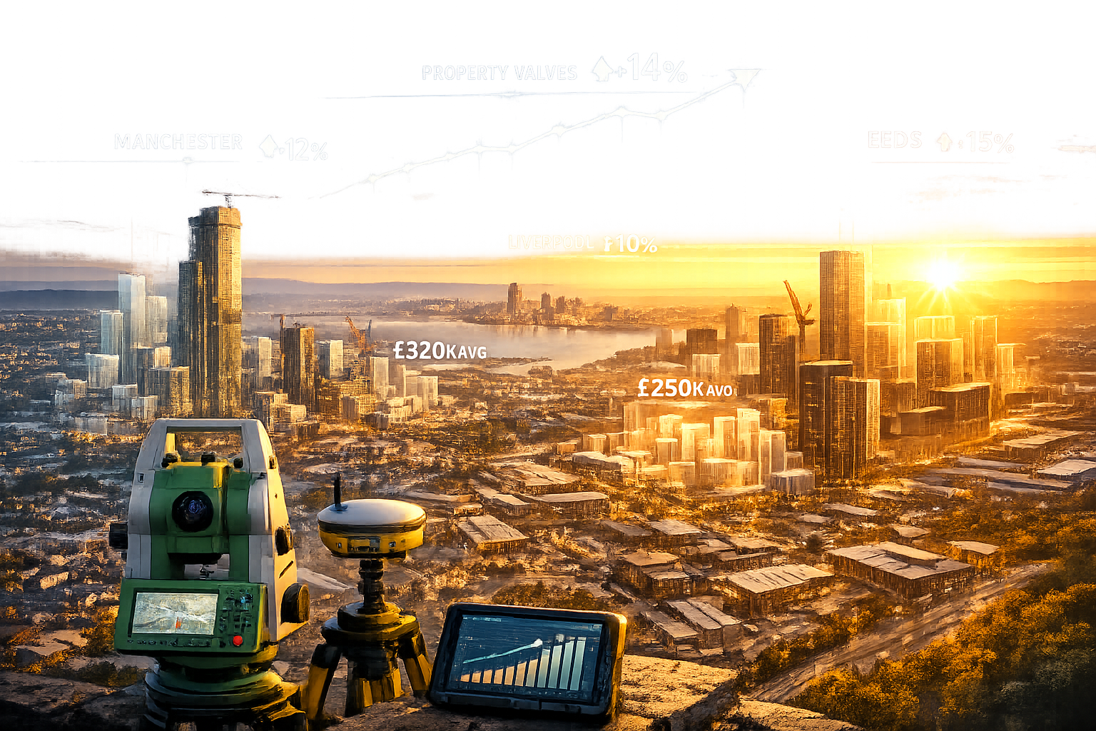 Northern England Property Boom landscape visualization: Aerial drone perspective showcasing Manchester, Leeds, and Liverpool skylines with a