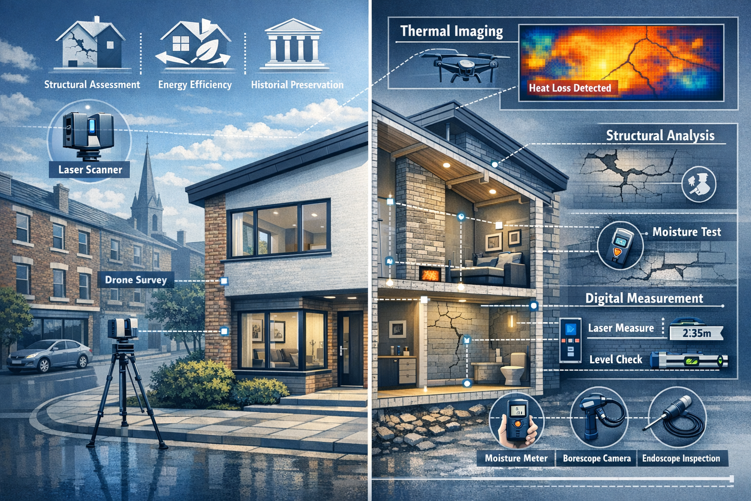 Building Surveys technical illustration: Cutaway architectural diagram of a contemporary Northern England property, revealing comprehensive 