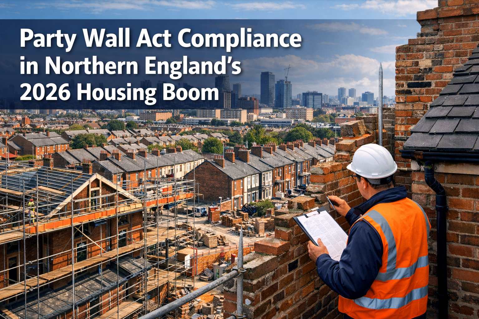 Professional () hero image featuring 'Party Wall Act Compliance in Northern England's 2026 Housing Boom' in extra large