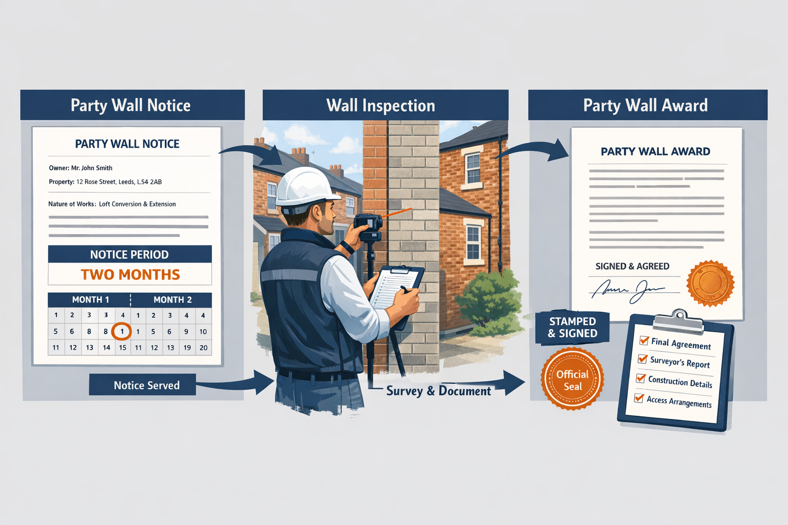 () detailed illustration showing party wall notice documentation process with three-panel infographic layout: left panel