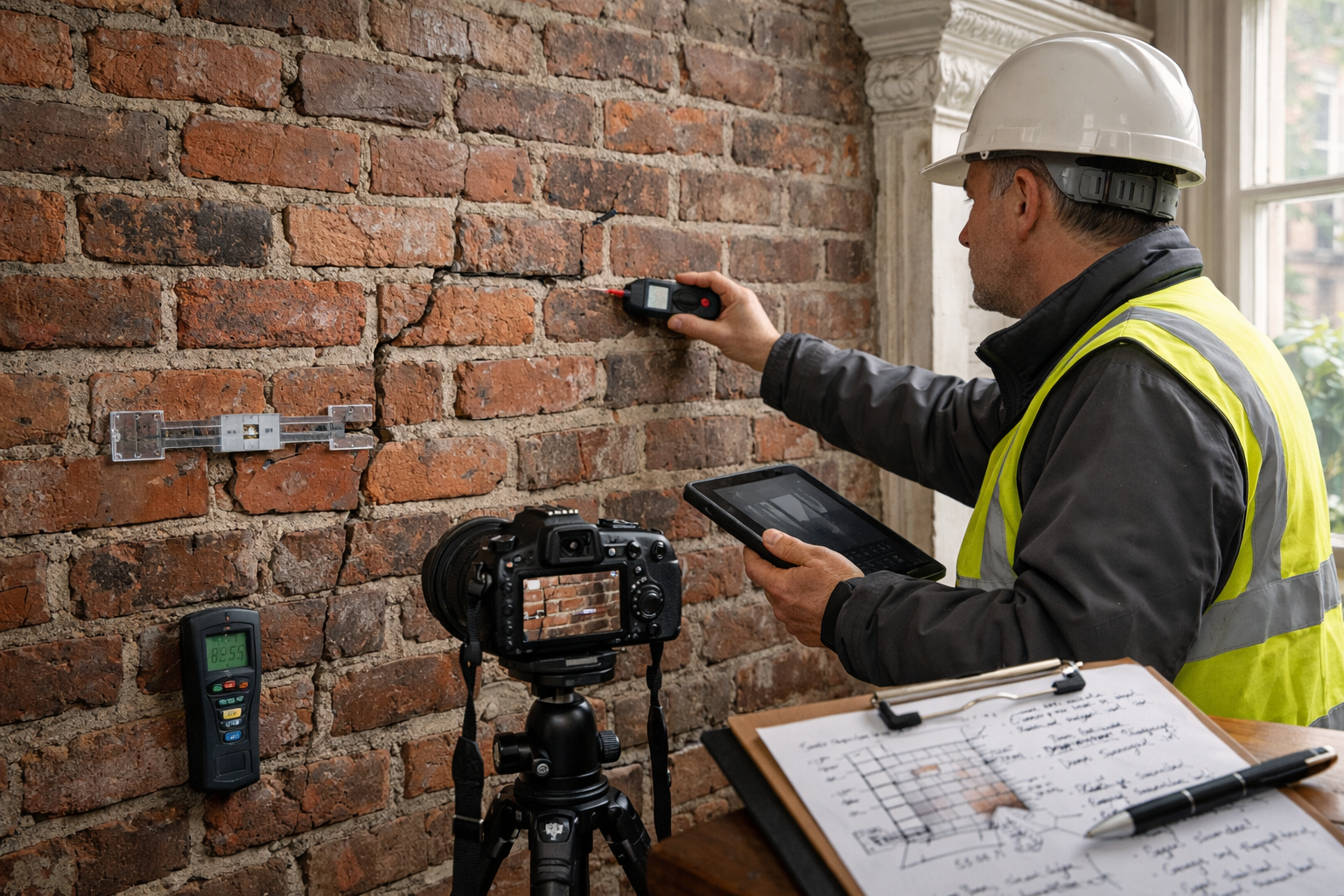 () professional scene of party wall surveyor conducting Schedule of Condition assessment in Northern England terrace