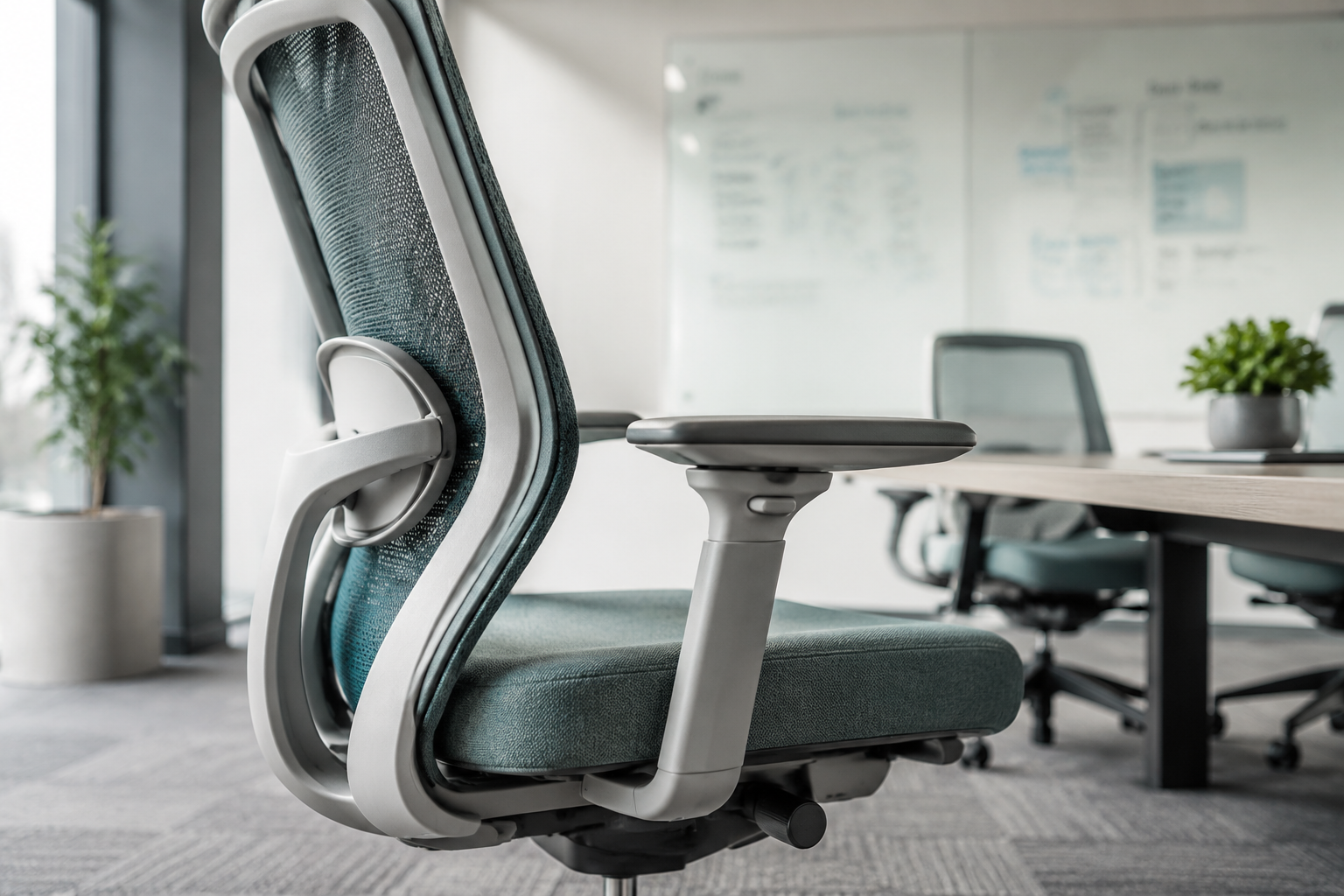 URBANICA's New Conference Chair Detailed landscape format (1536x1024) image showing a close-up side profile of a modern ergonomic conference chair with padded seat, lumbar support curve, and breathable mesh back visible, placed in a bright professional meeting room setting. Soft directional lighting highlights the chair's contoured design and premium upholstery texture. Background features a blurred whiteboard and collaborative workspace. Color palette: warm gray, white, and muted teal. Clean product-editorial style, sharp focus on ergonomic details, no people present.