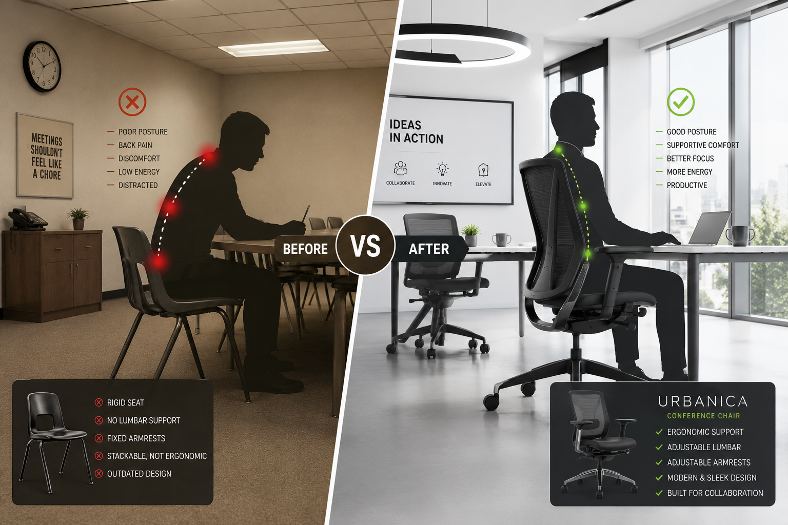URBANICA New Conference Chair Detailed landscape format (1536x1024) split-scene image: left side shows a traditional hard plastic conference chair in a dull, dated meeting room with poor posture illustrated by a silhouetted figure; right side shows the URBANICA conference chair in a bright, modern collaborative space with an upright, comfortable seated silhouette. Bold dividing line down center with subtle label text 'Before vs After'. Color palette: muted beige on left, vibrant white and charcoal on right. Infographic-editorial hybrid style, high contrast, professional quality. What Sets URBANICA's New Conference Chair Apart