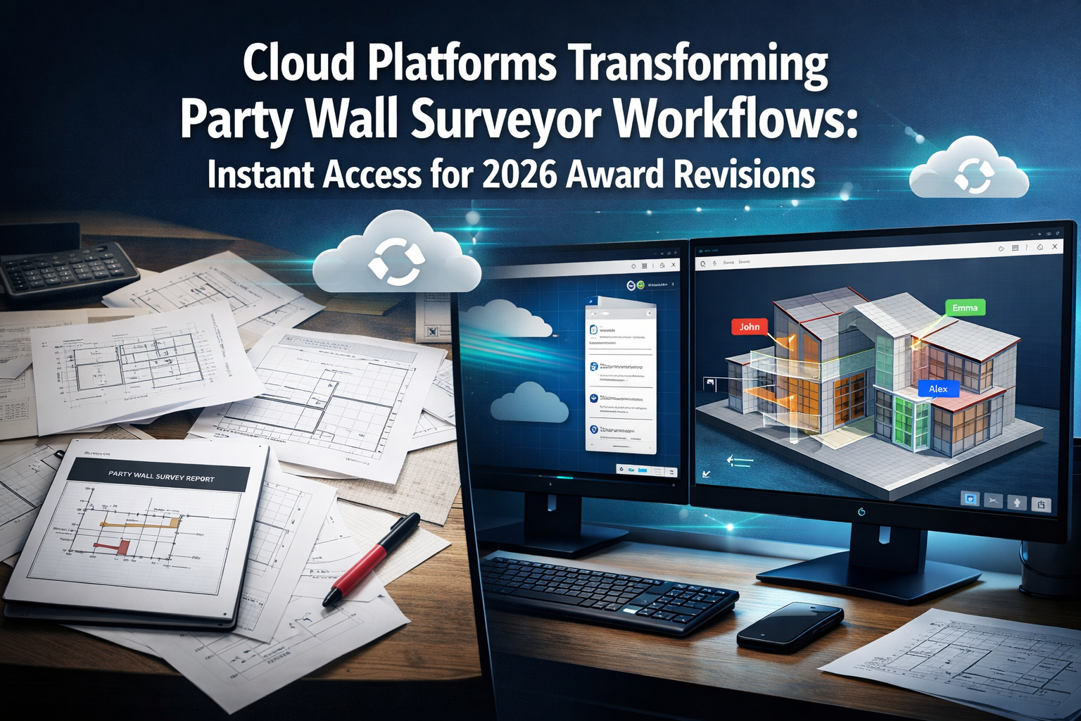 Professional () hero image featuring 'Cloud Platforms Transforming Party Wall Surveyor Workflows: Instant Access for 2026