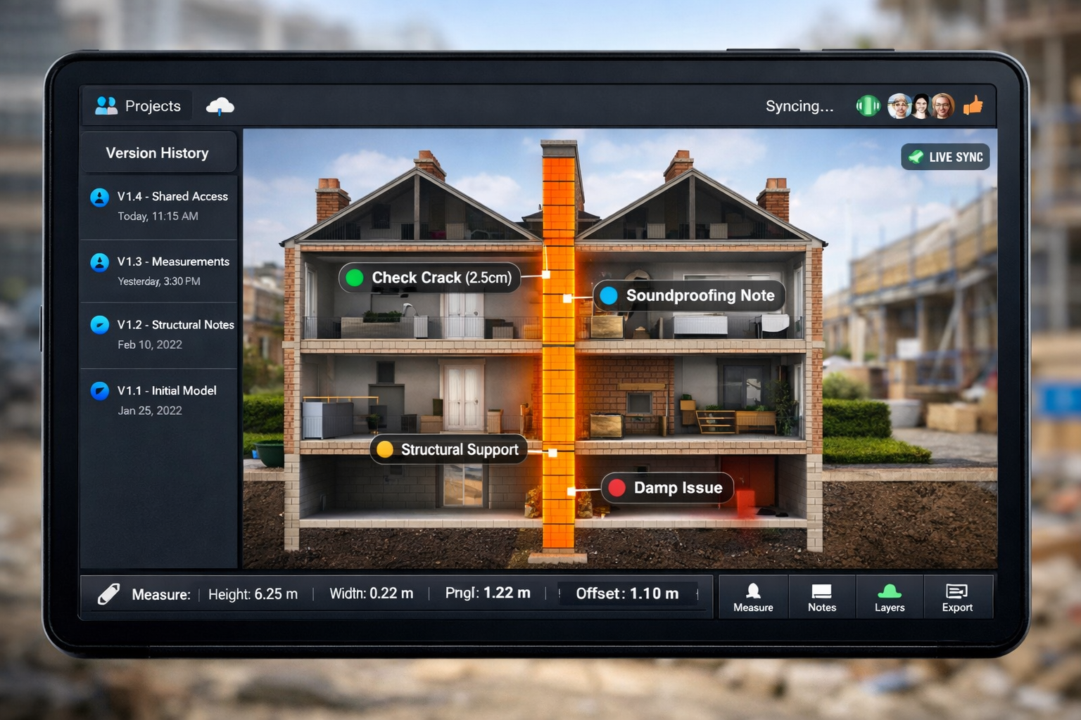 () detailed illustration showing close-up of surveyor's tablet screen displaying browser-based 3D party wall visualization