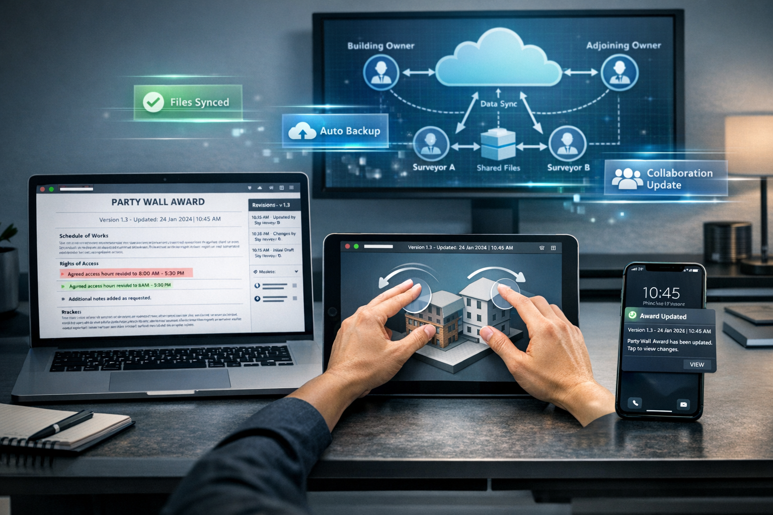 () conceptual workspace scene showing three distinct viewing devices arranged on modern office desk: laptop displaying party