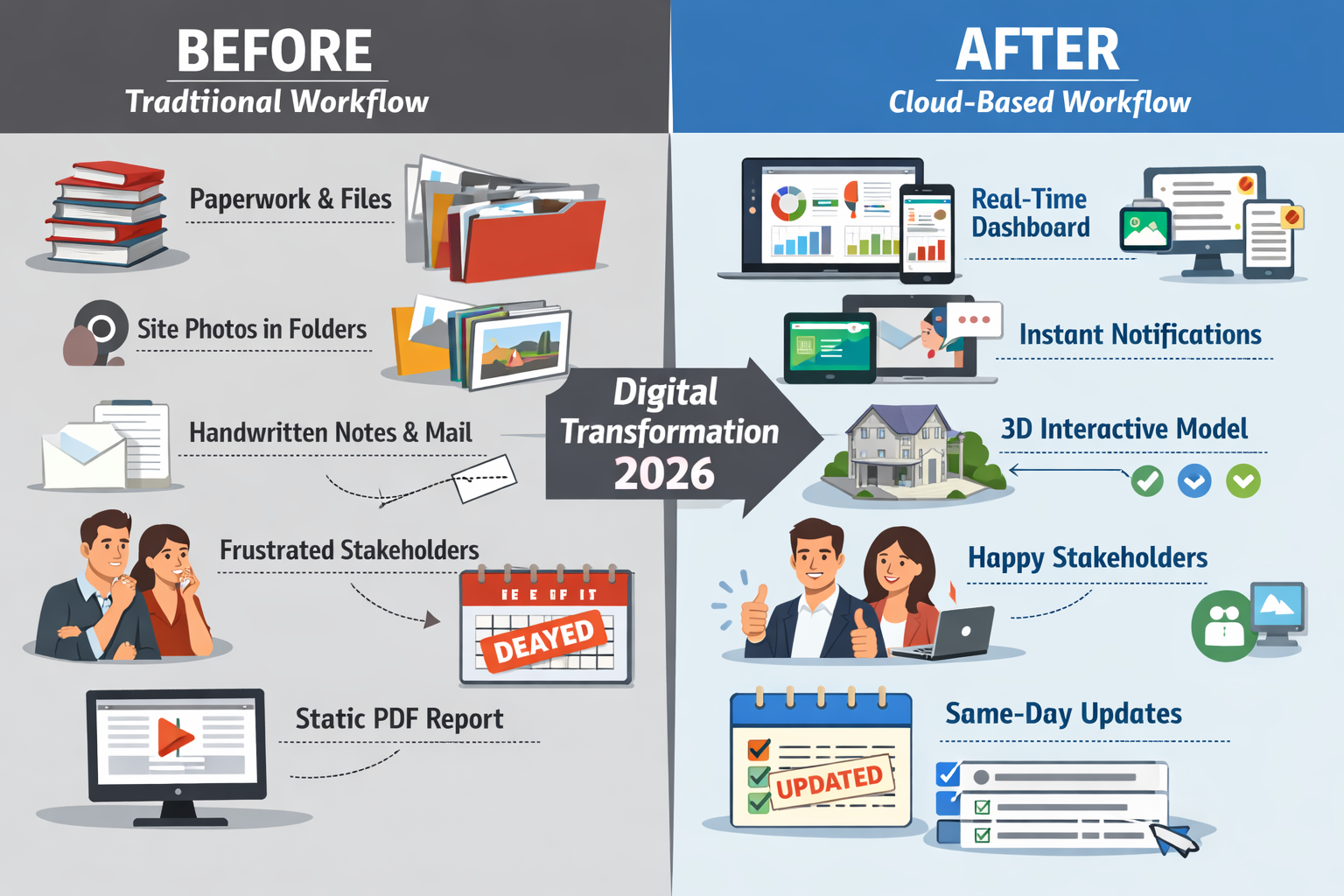 () split-screen comparison infographic showing 'Before vs After' cloud adoption in party wall workflows. Left side depicts