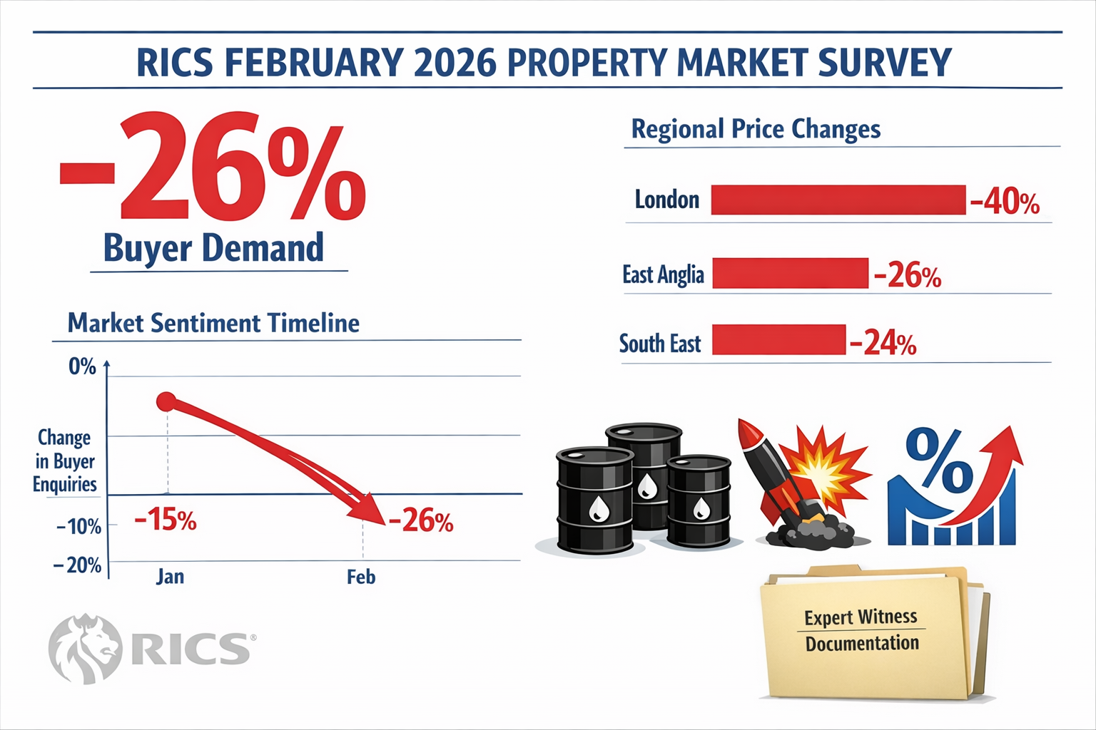 () detailed infographic showing RICS February 2026 survey data visualization with prominent -26% buyer demand metric in