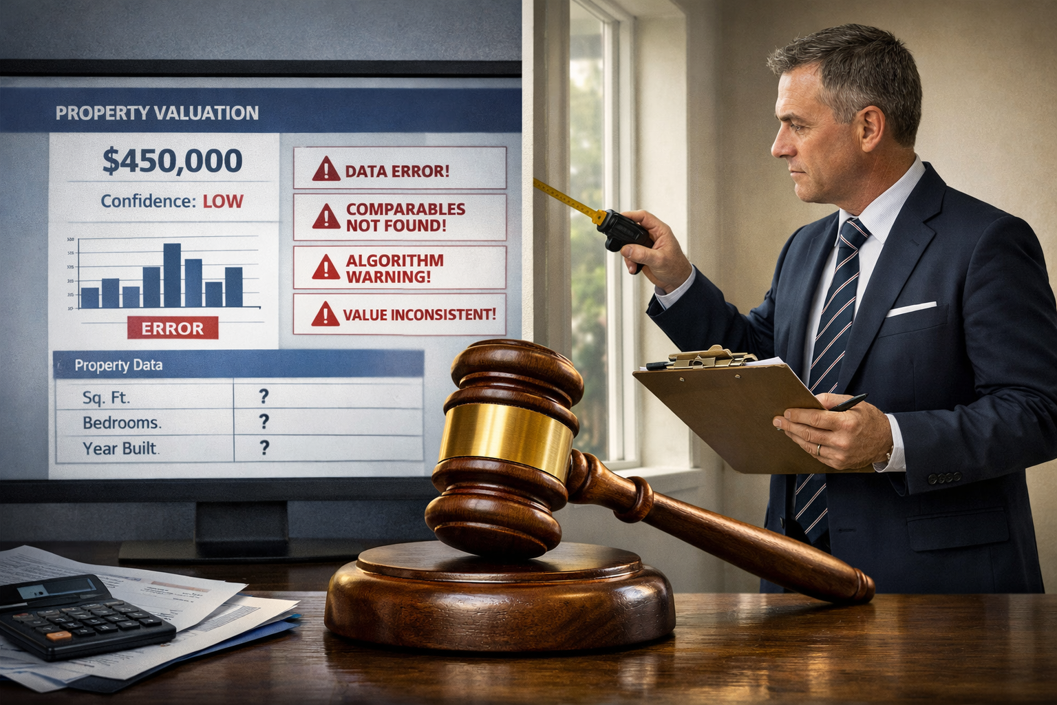 () conceptual split-screen comparison illustration showing left side: traditional AVM (Automated Valuation Model) computer