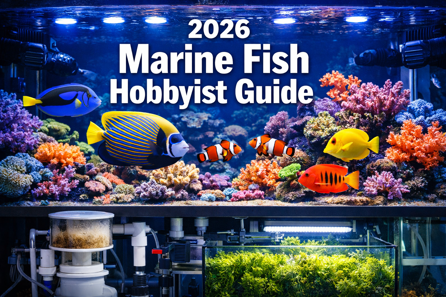 Professional landscape hero image (1536x1024) featuring bold text overlay '2026 Marine Fish Hobbyist Guide' in extra large 72pt white sans-s