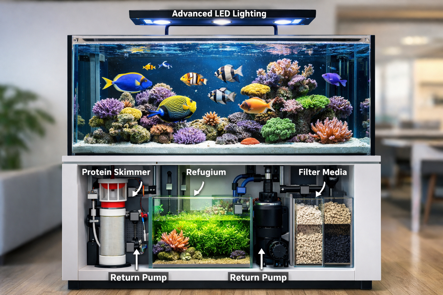 Professional aquarium setup showing modern 2026 marine fish tank with advanced LED lighting system, protein skimmer, refugium chamber, and v