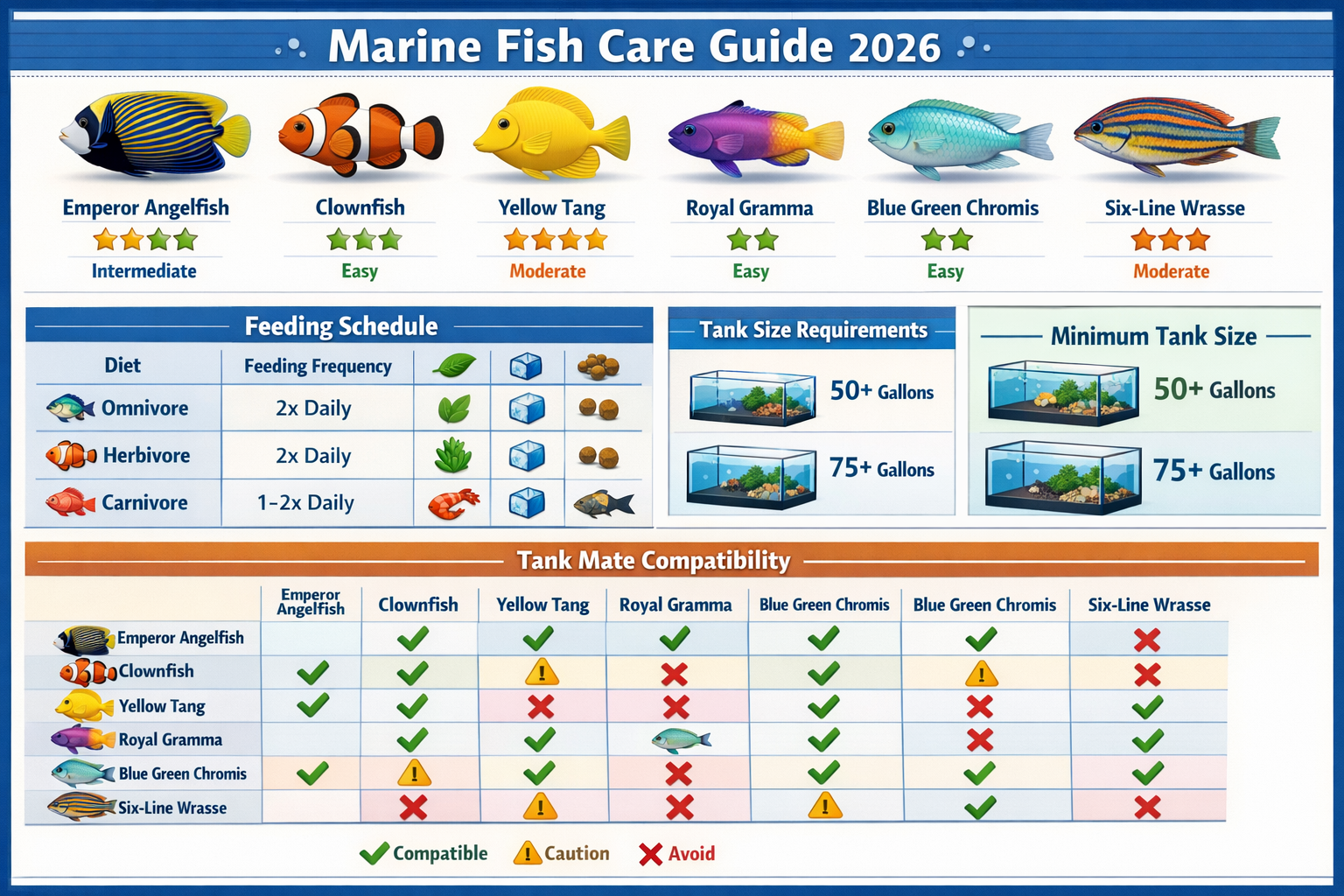 Detailed comparison chart showing different marine fish species care requirements with colorful fish illustrations, feeding schedules, tank 