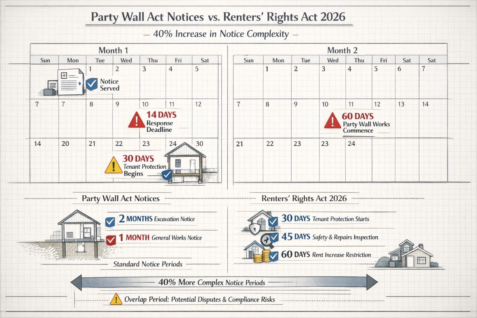 () detailed infographic showing timeline comparison between Party Wall Act notice periods (typically 2 months for