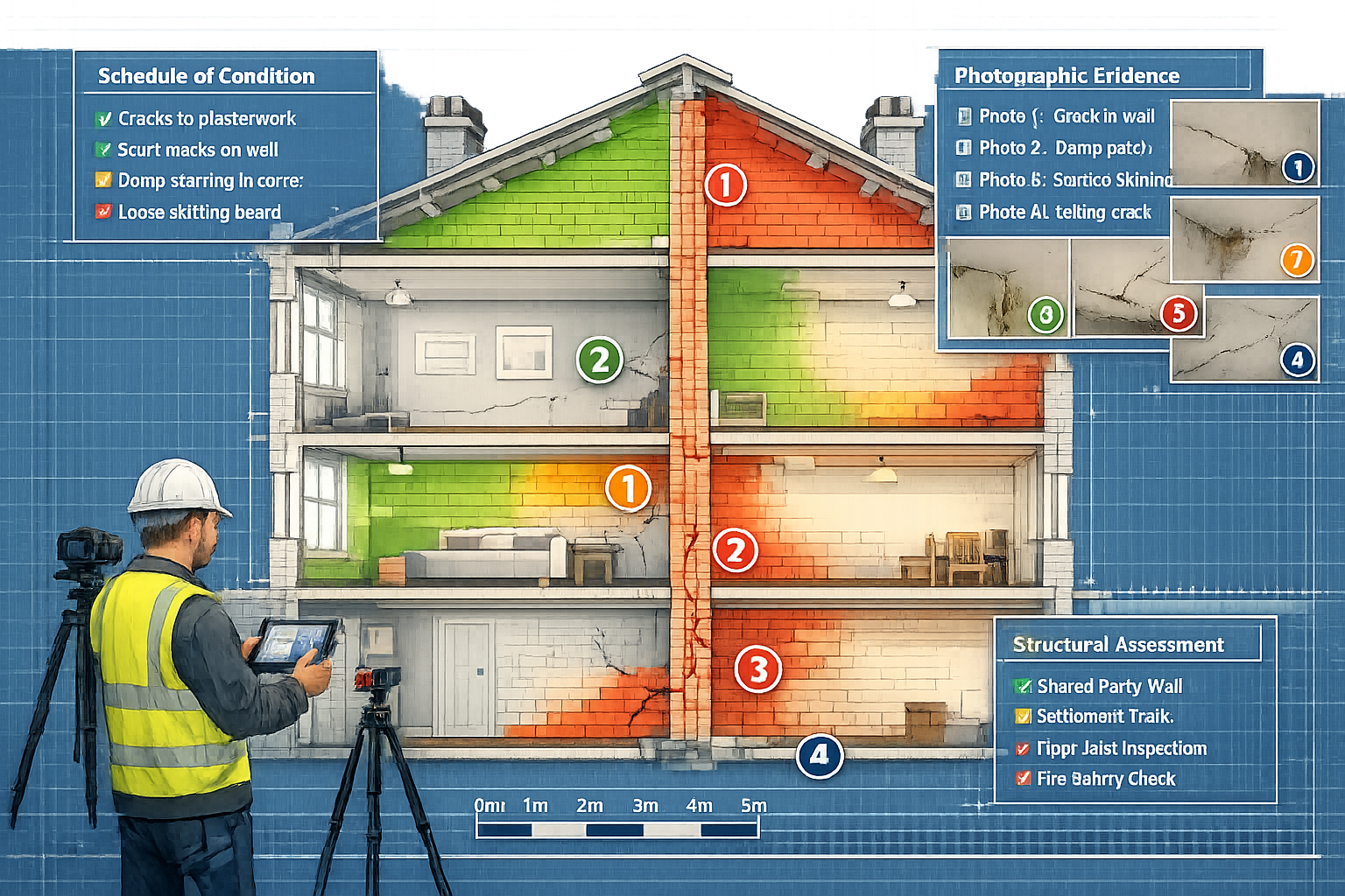 () architectural cross-section illustration showing detailed party wall survey documentation process in multi-unit PRS