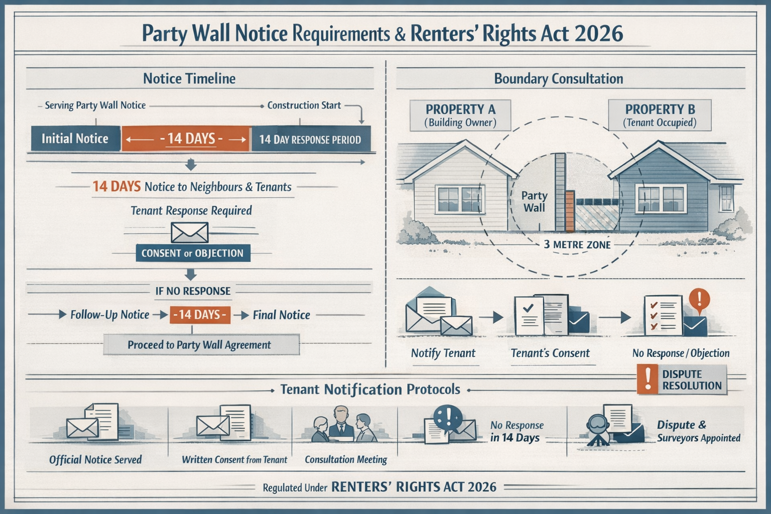 Editorial-style technical infographic illustrating Party Wall notice requirements and timing conflicts under Renters' Rights