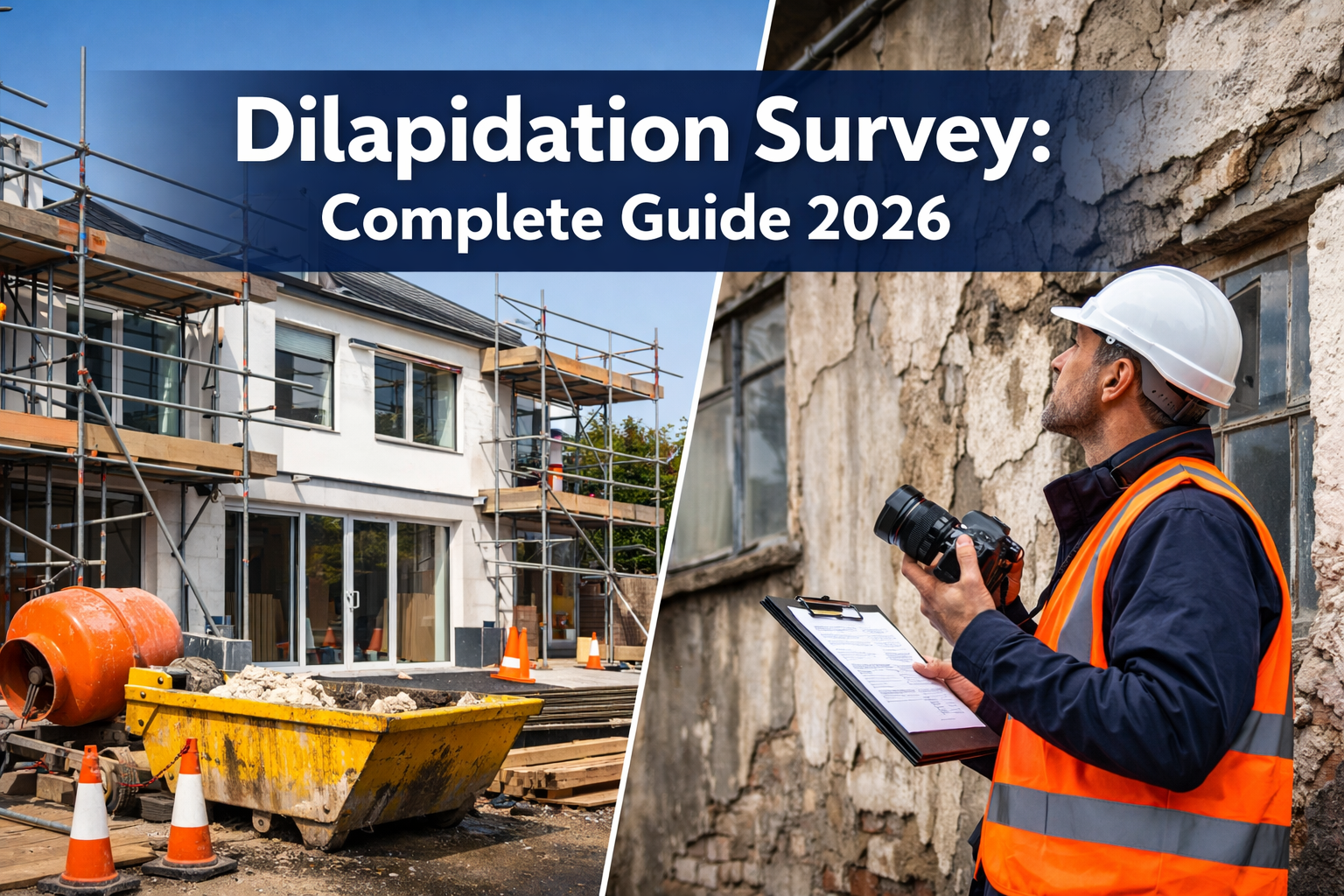 Professional landscape format (1536x1024) hero image with bold text overlay 'Dilapidation Survey: Complete Guide 2026' in extra large 72pt w