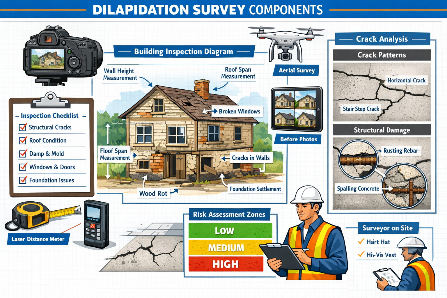 Landscape format (1536x1024) detailed illustration showing comprehensive dilapidation survey components including annotated building diagram