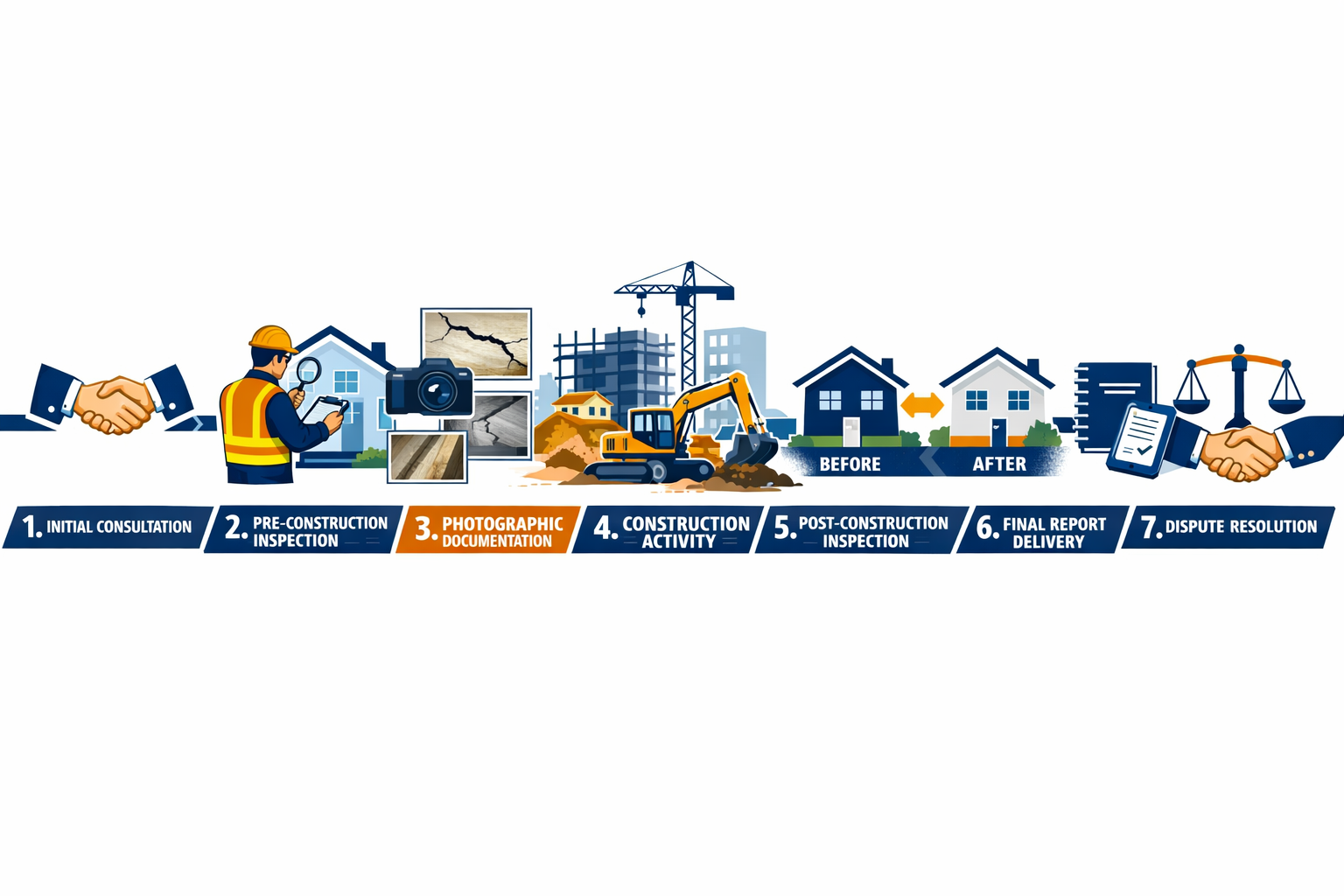 Landscape format (1536x1024) visual timeline infographic showing dilapidation survey process from start to finish: initial consultation icon