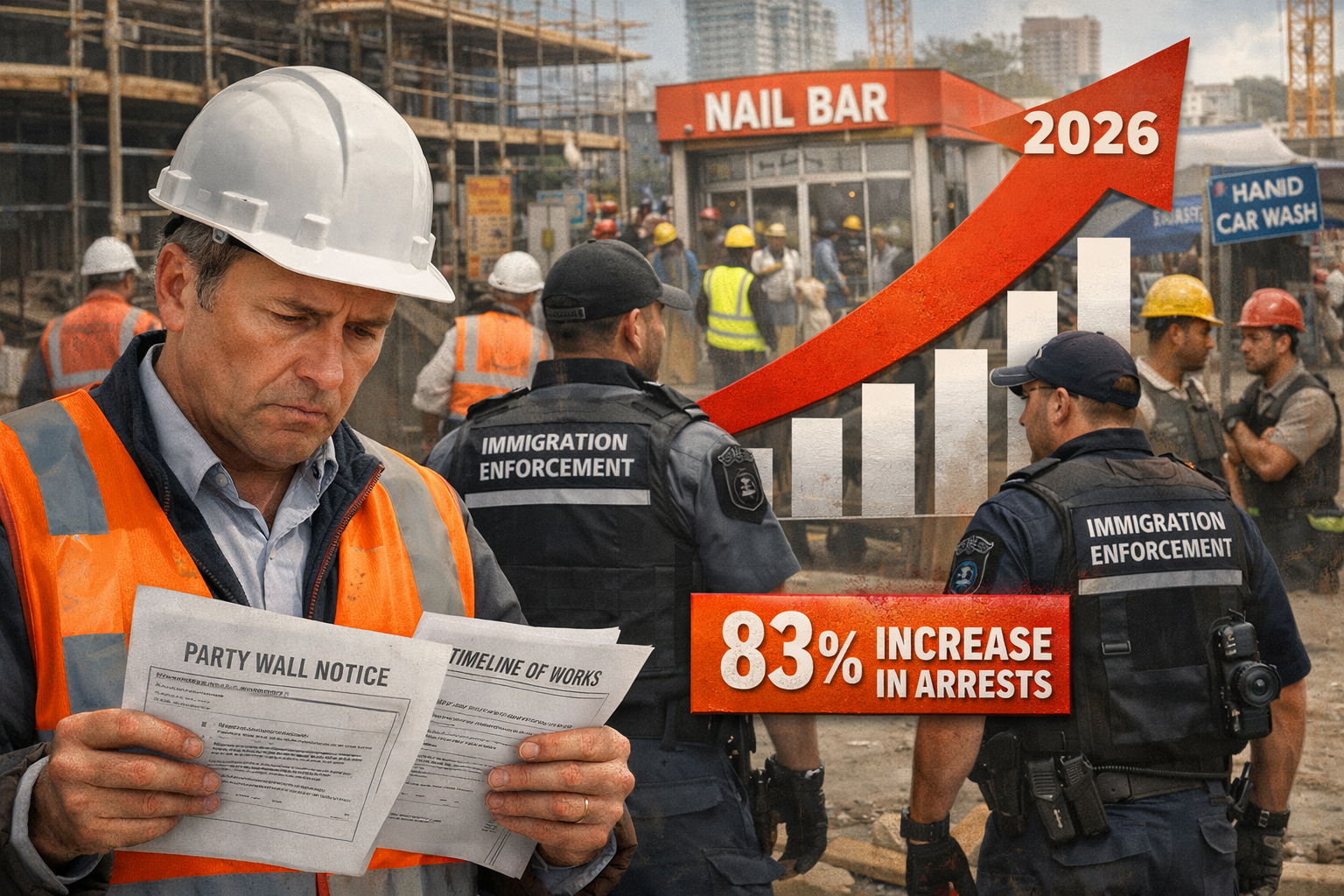 Detailed landscape format (1536x1024) image showing dramatic increase in immigration enforcement raids visualization with upward trending gr