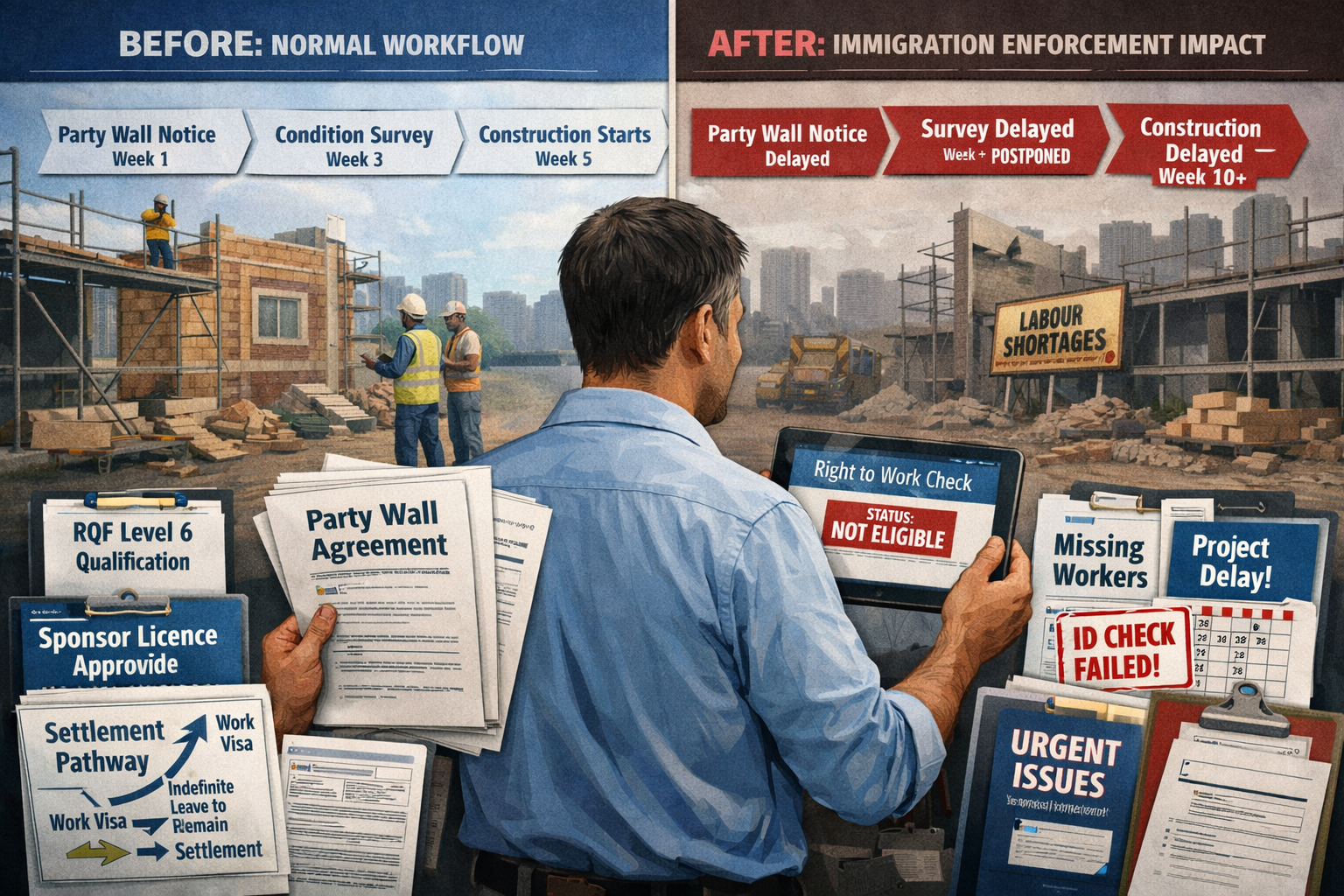 Detailed landscape format (1536x1024) image depicting party wall surveying workflow disruption scenario with visual timeline comparison. Spl