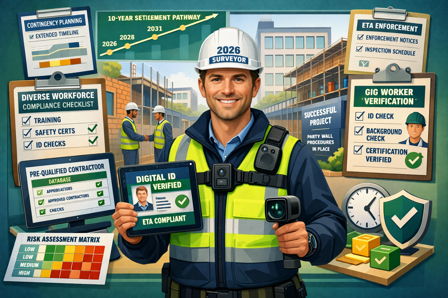 Detailed landscape format (1536x1024) image showing future-focused party wall surveying adaptation strategies for 2026. Central composition