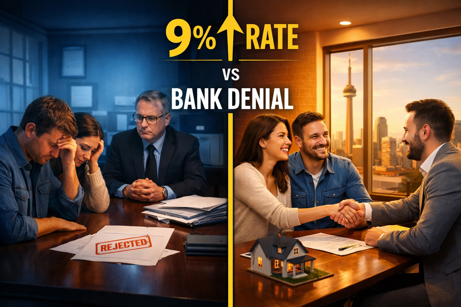 Split-scene editorial photograph showing left side: a stressed couple sitting across from a stern bank officer at a formal