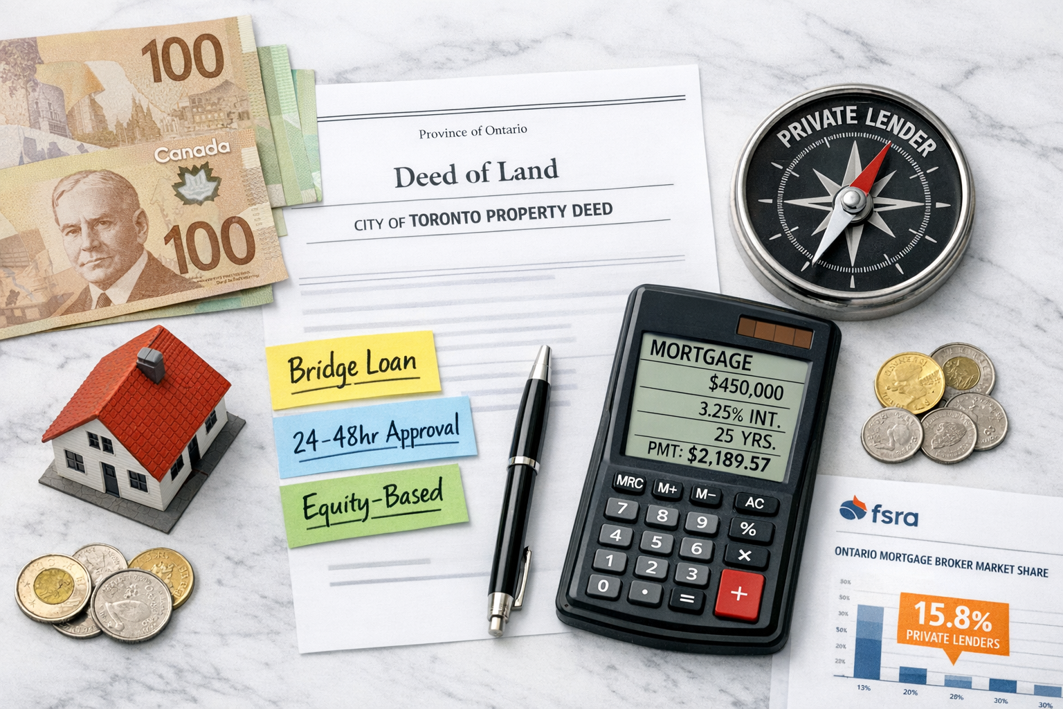Overhead flat-lay editorial photograph of a Toronto property deed, calculator showing mortgage calculations, a compass