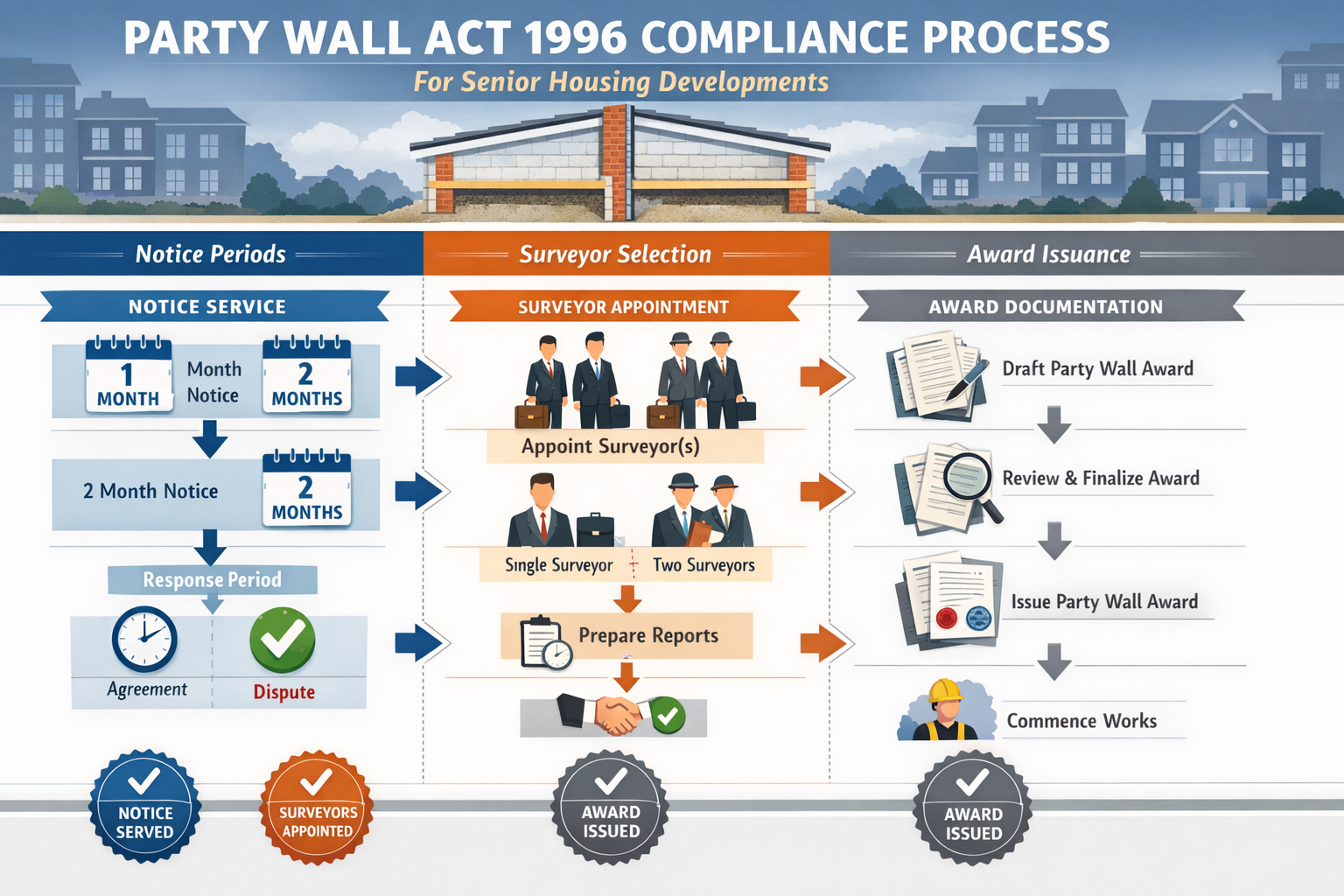 Detailed landscape format (1536x1024) infographic showing Party Wall Act 1996 compliance flowchart specifically for senior housing developme