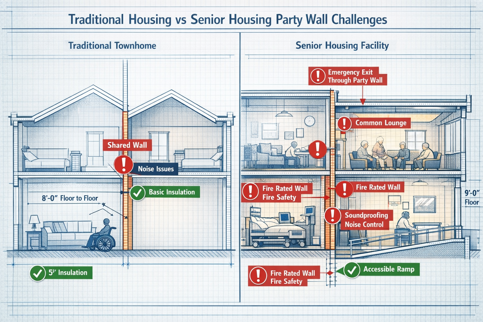 Detailed landscape format (1536x1024) split-screen comparison image showing 'Traditional Housing vs Senior Housing Party Wall Challenges'. L