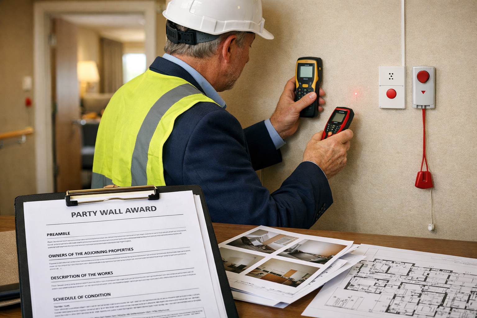 Detailed landscape format (1536x1024) professional photograph of party wall surveyor conducting inspection in modern senior housing facility
