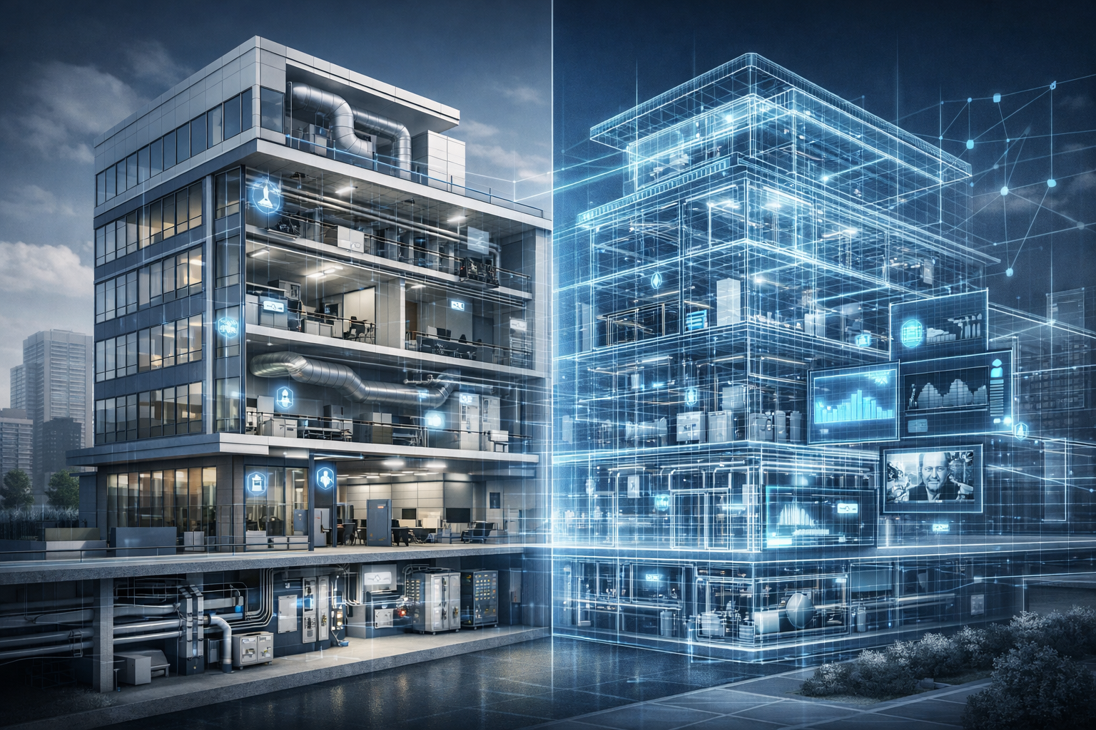 Understanding Real-Time 3D Digital Twins section illustration: Cutaway architectural rendering showing simultaneous physical building and it