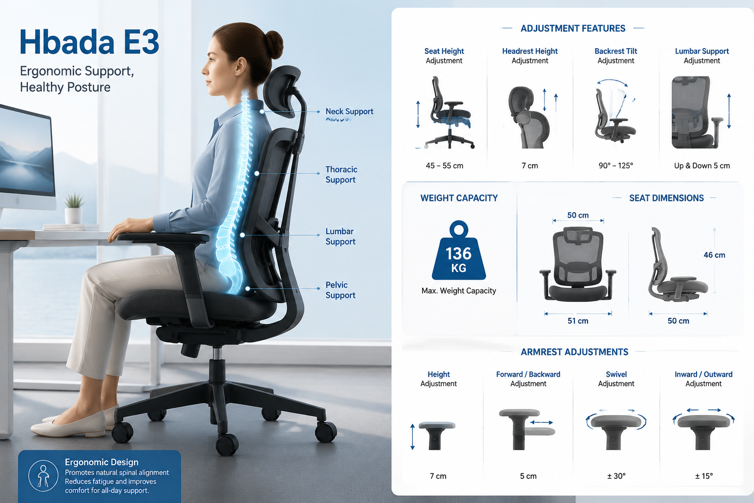 Hbada E3 Office Chair Digital illustration, graphic design style, Landscape format (1536x1024) split-composition image showing on the left side a person seated correctly in the Hbada E3 chair with perfect spinal alignment illustrated by a subtle glowing spine overlay graphic, and on the right side a detailed technical specification infographic panel showing adjustment ranges, weight capacity, seat dimensions, and armrest movement degrees in clean sans-serif typography on white background. Biomechanical diagram style, health and wellness editorial aesthetic, blue and white color palette.