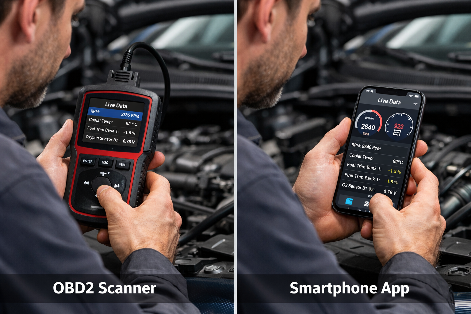 Handheld OBD2 scanner versus smartphone app interface comparison