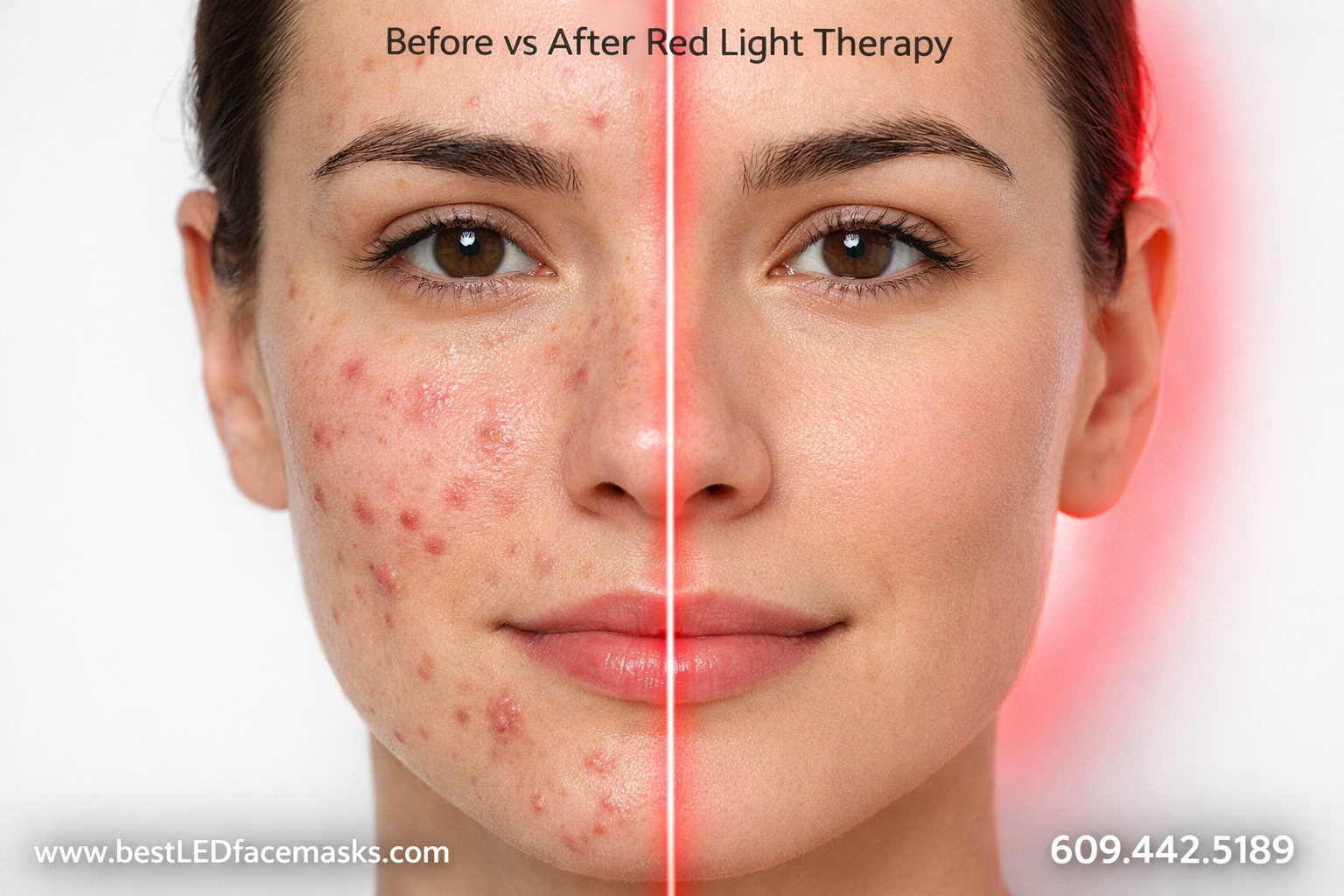 Detailed () showing a close-up split-face comparison photo: left side showing acne-prone skin with visible blemishes and