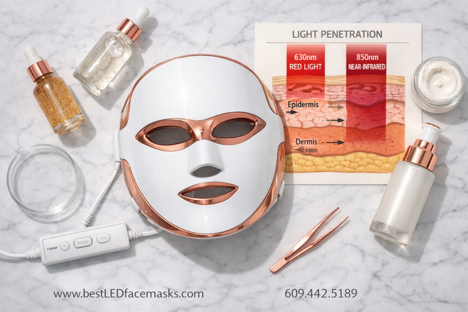 () flat-lay product shot from directly above showing the Renu-Gen LED face mask on a white marble surface surrounded by