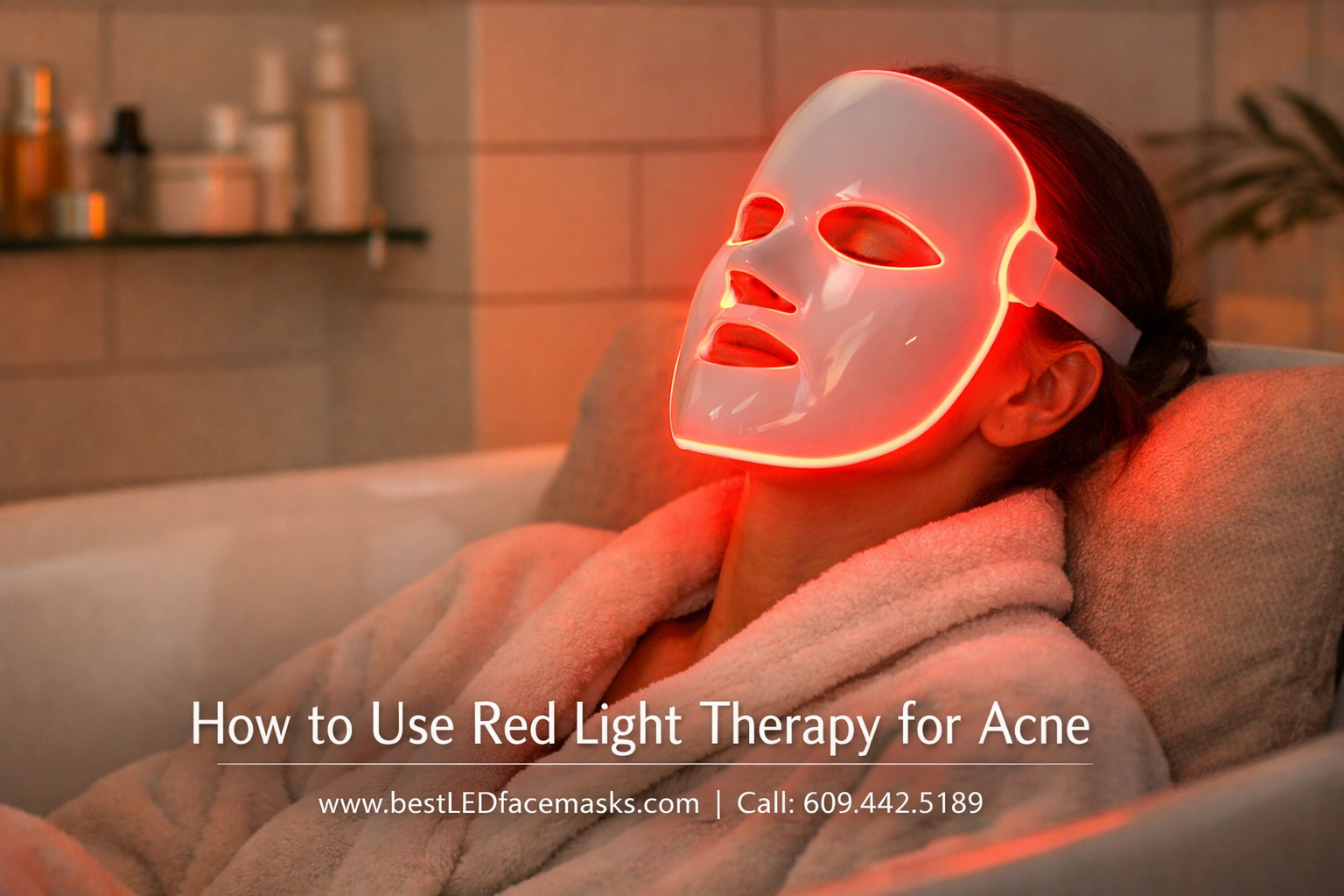() showing a woman wearing a glowing red LED face mask in a modern bathroom setting, seated comfortably, eyes closed in