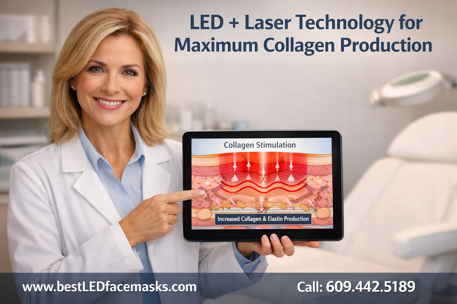 () showing a dermatologist in a white lab coat pointing to a digital tablet displaying a skin cell diagram with collagen