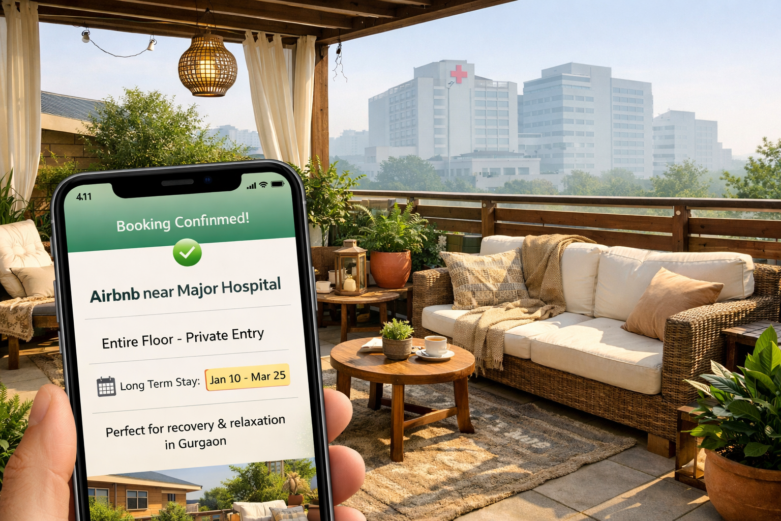 () image depicting a serene, private terrace space of an Airbnb, complete with comfortable seating and some potted plants,