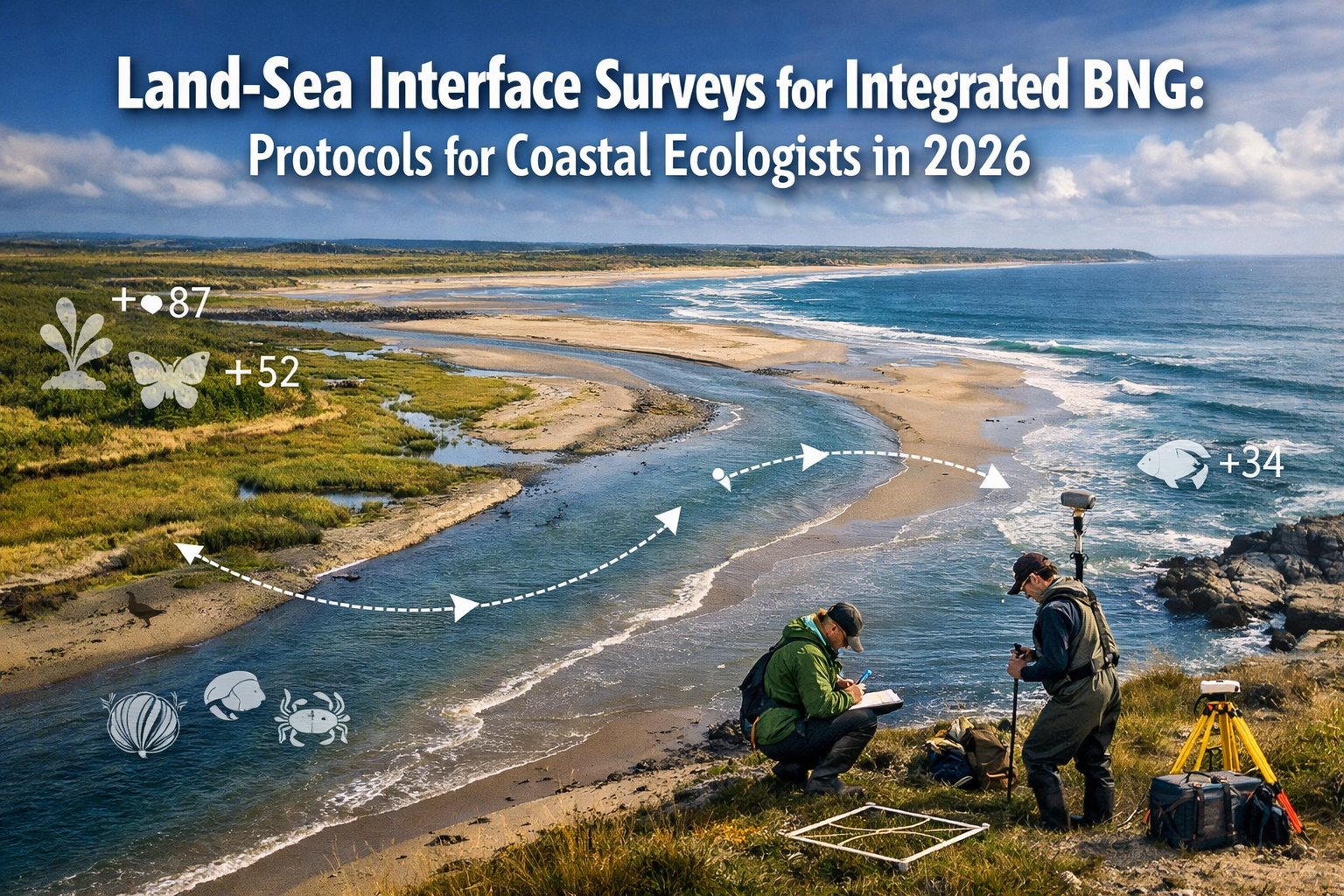 Professional () hero image with 'Land-Sea Interface Surveys for Integrated BNG: Protocols for Coastal Ecologists in 2026' in