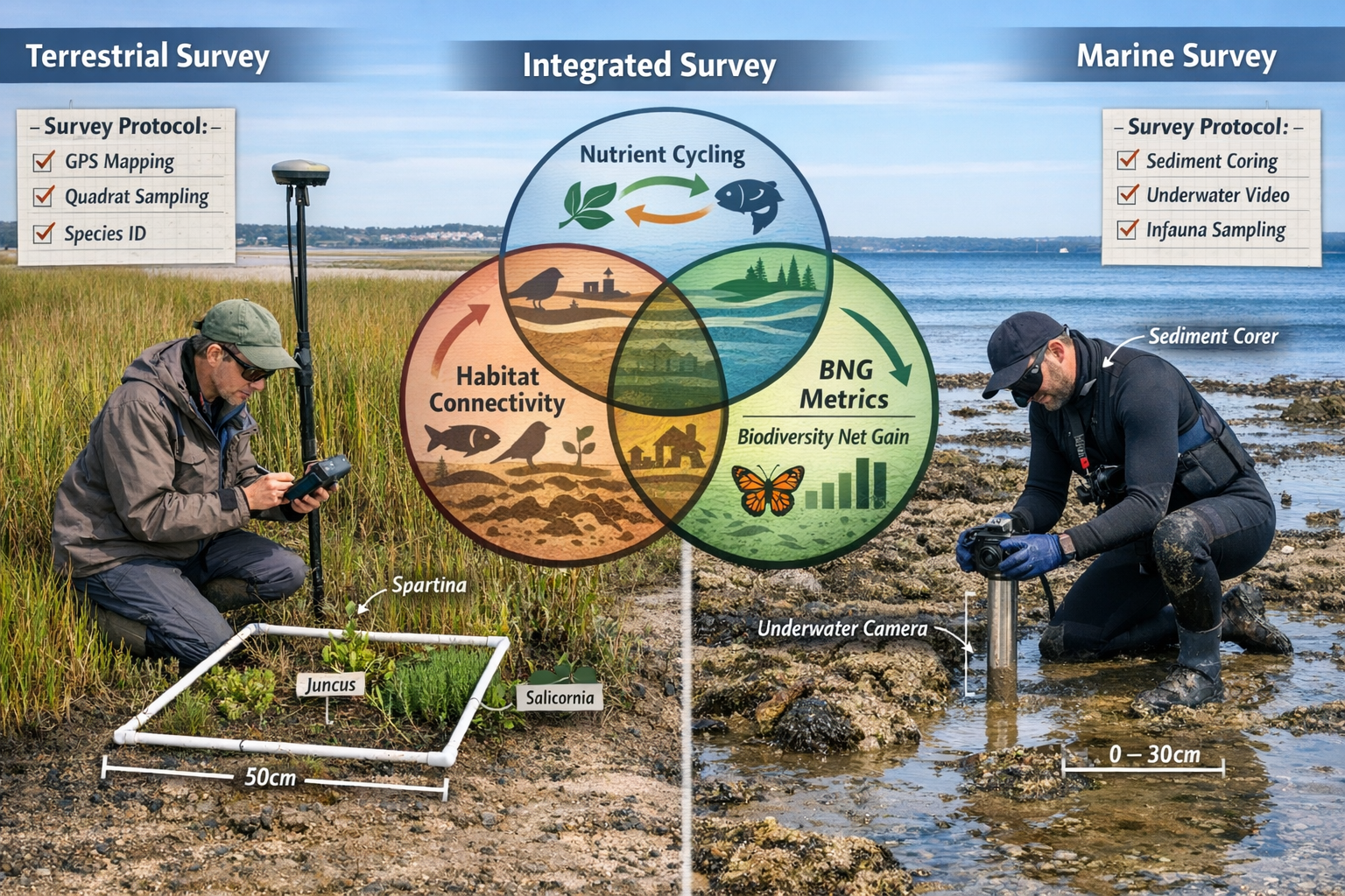 Detailed () image showing split-screen comparison of terrestrial and marine survey methodologies at coastal interface. Left