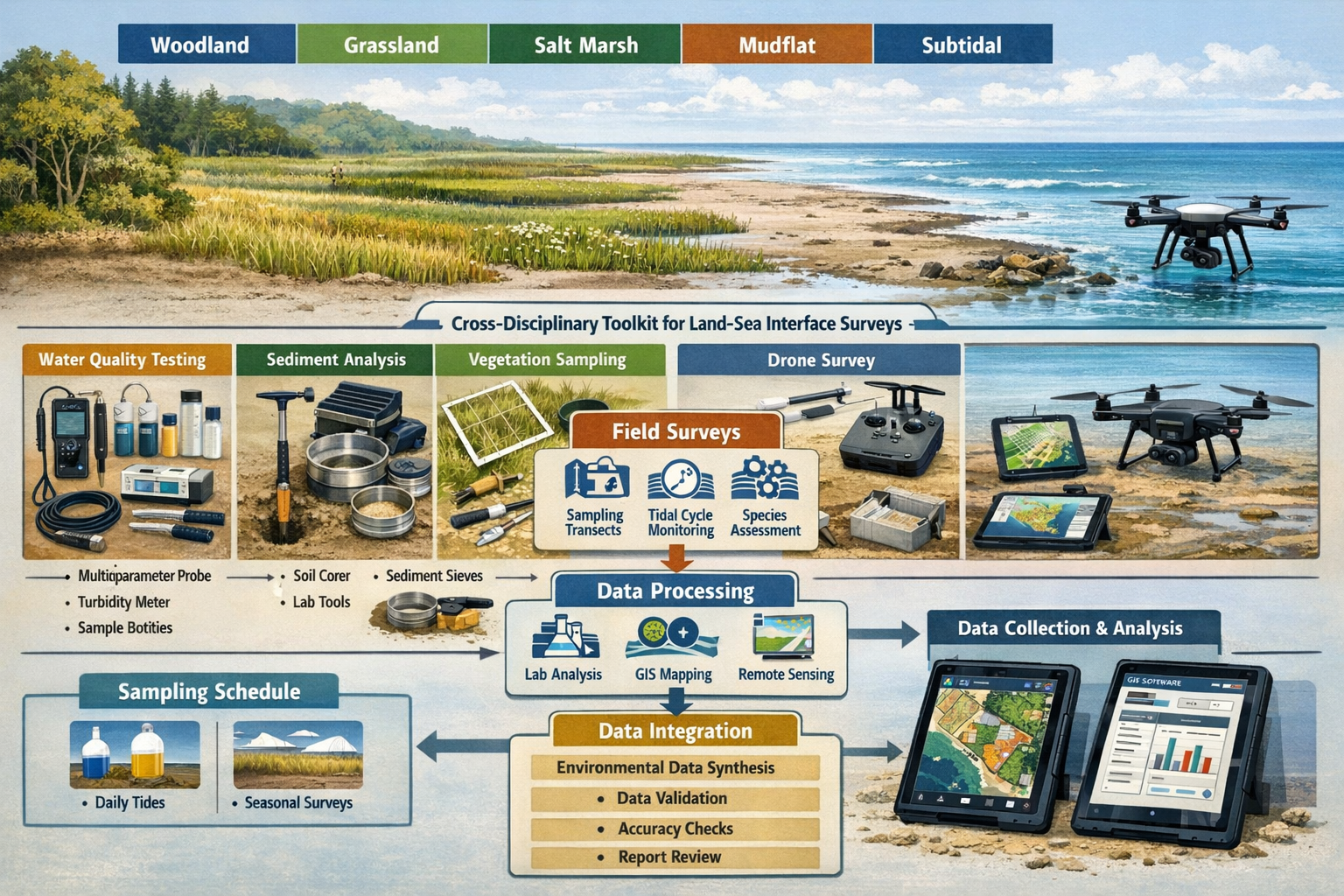 Comprehensive () infographic displaying cross-disciplinary toolkit for land-sea interface surveys. Visual shows organized