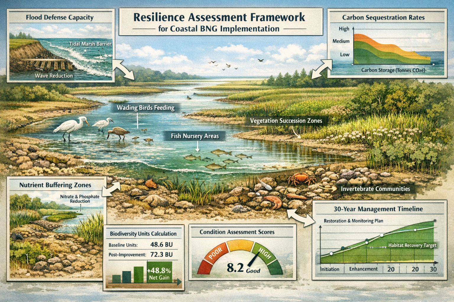 Detailed () visualization of resilience assessment framework for coastal BNG implementation. Central image shows healthy